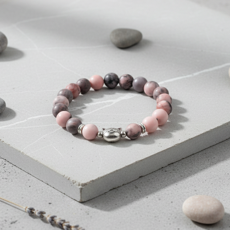 Gold Gradient Cat Pink Zebra Stone Protective Bracelet | Zen Ara Grove