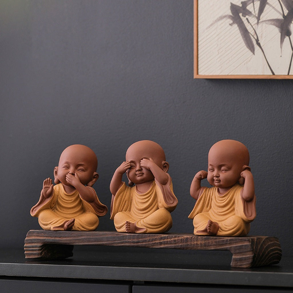 Handcrafted Ceramic "Four-Nos" Monk Statues – Symbol of Inner Calm & Thoughtful Living | Zen Ara Grove