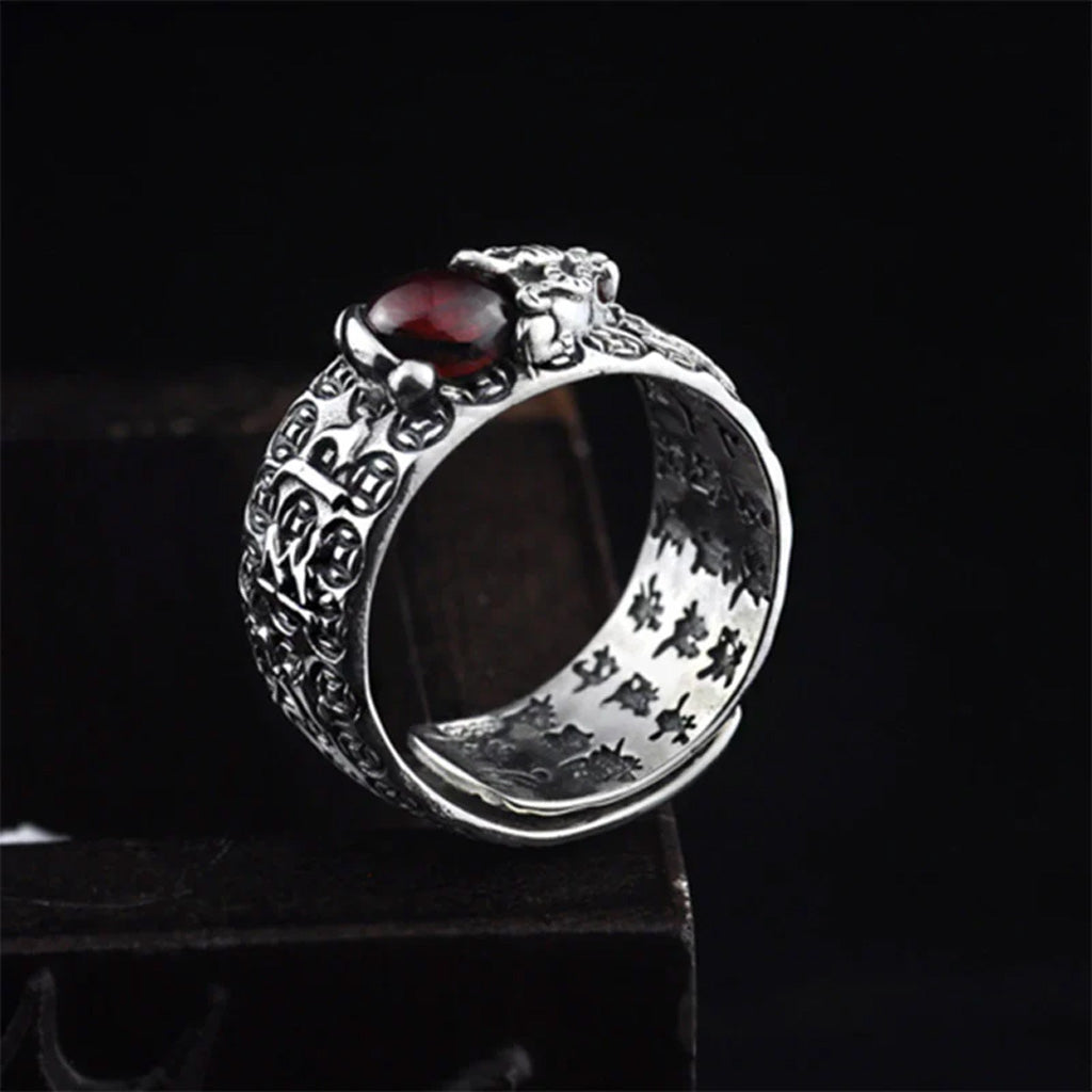 Pixiu Heart Sutra Ring with Symbol of Protection and Prosperity Ruby Inlay Adjustable Wide Band | Zen Ara Grove
