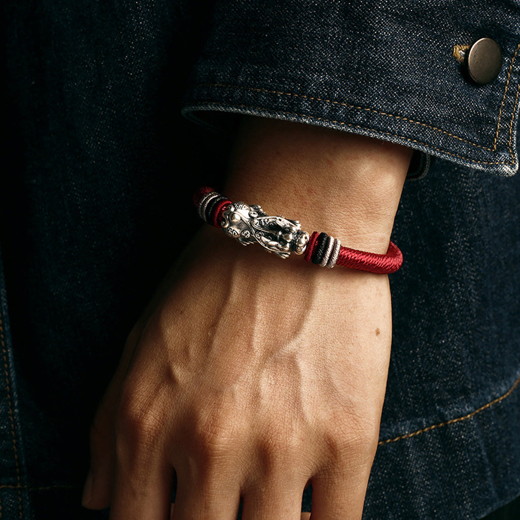 999 Silver Pixiu on Dragon Knot Handwoven Bracelet — Meaning of Courage & Wealth | Zen Ara Grove