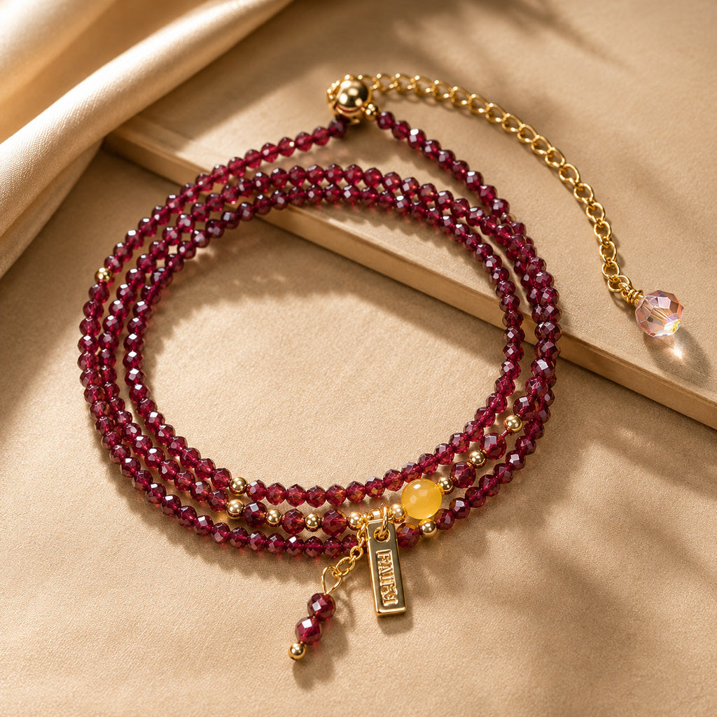 Adjustable Multi-Wrap Garnet Bracelet with Gold-Tone Accents