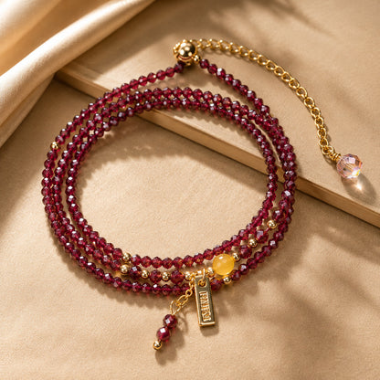 Adjustable Multi-Wrap Garnet Bracelet with Gold-Tone Accents