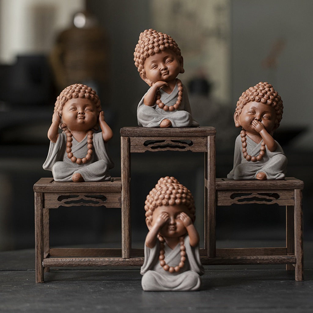 Ceramic "Four No Evils" Buddha Statue Set – Symbols of Mindfulness, Compassion, and Peace | Zen Ara Grove