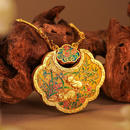 Double-Sided Cloisonné Fortune Lock Pendant in Burnished Gold | Zen Ara Grove