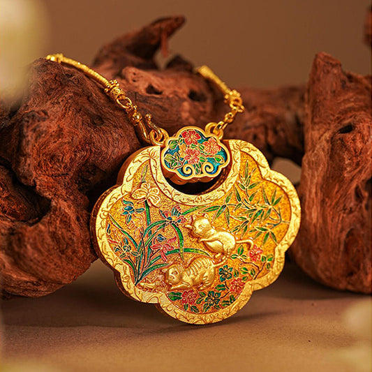 $9.99 LIMITED TIME OFFER Double-Sided Cloisonné Fortune Lock Pendant in Burnished Gold | Zen Ara Grove
