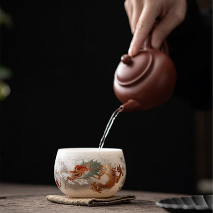 Milky White Porcelain Mug with Dragon and Phoenix Motif – Elegant & Durable | Zen Ara Grove