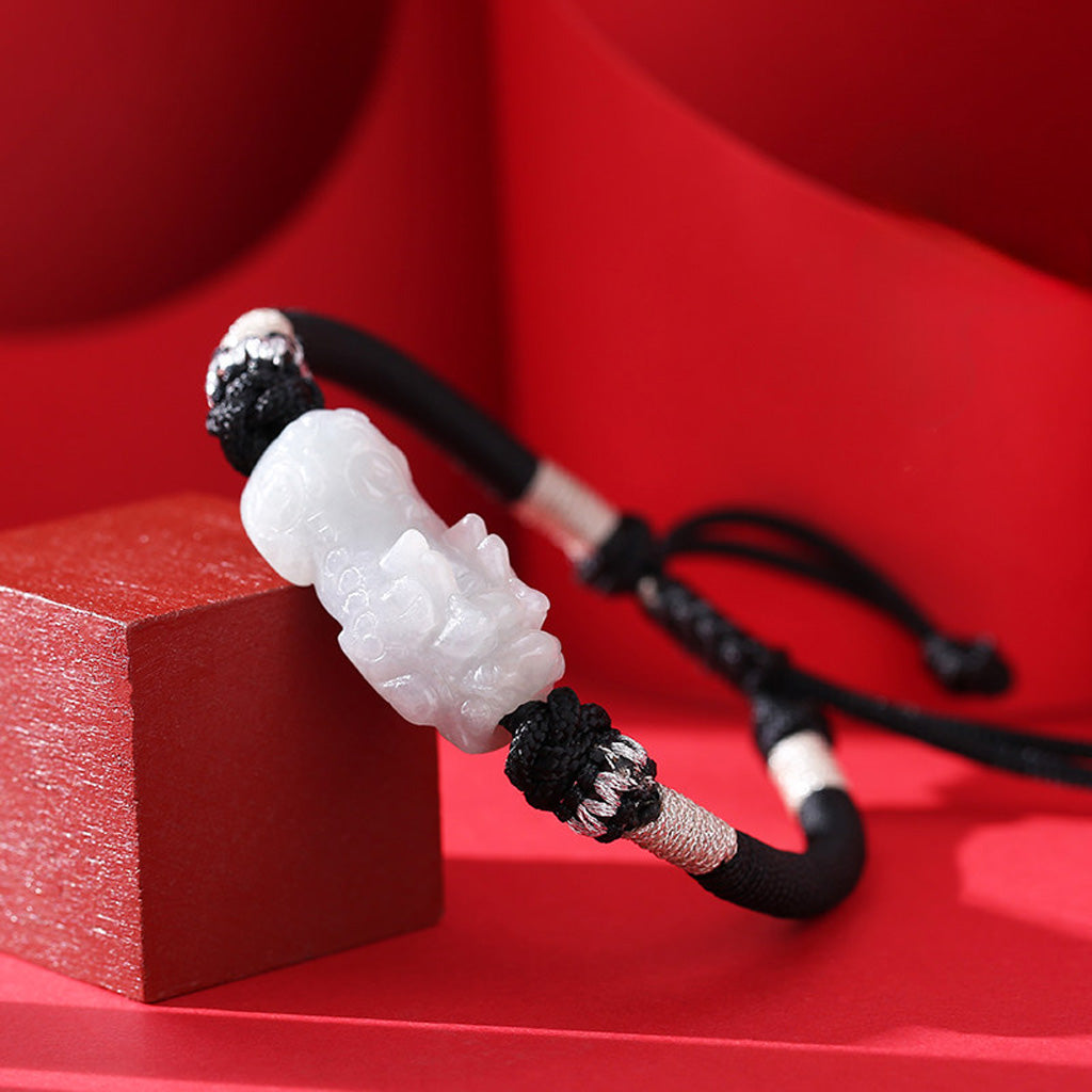 Adjustable Jade Pixiu Rope Bracelet – Charm for Luck and Balance | Zen Ara Grove