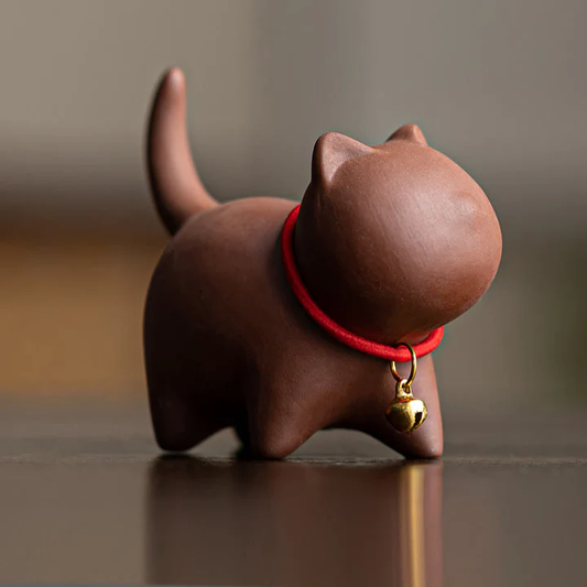 Mini Lovely Red Rope Bell Cat Tea Pet Purple Clay Figurine Desk Decoration | Zen Ara Grove