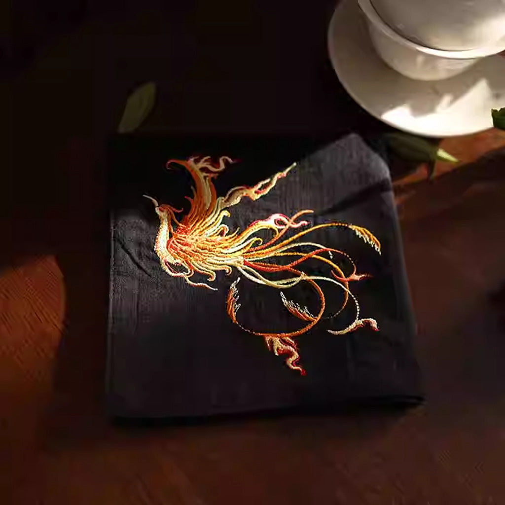 Double‑Layer Cotton Handkerchief – Hand‑Embroidered Phoenix Symbolizing Grace and Renewal | Zen Ara Grove