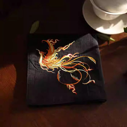 Double‑Layer Cotton Handkerchief – Hand‑Embroidered Phoenix Symbolizing Grace and Renewal | Zen Ara Grove