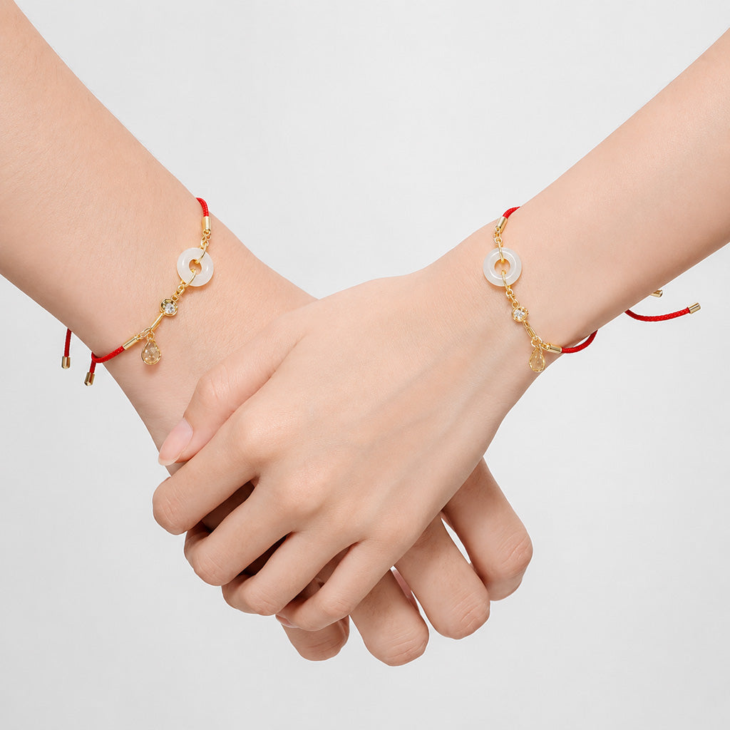 Adjustable Red Cord Bracelet with Hetian Jade Peace Buckle and Key Charm — Blessing & New Beginnings