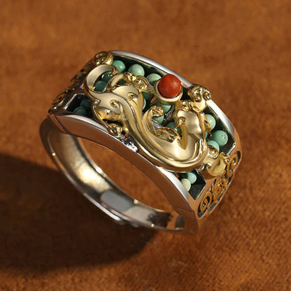 S925 Sterling Silver Adjustable Pixiu Ring with Turquoise & Abacus Motif – Hand-Carved Fortune Jewelry | Zen Ara Grove