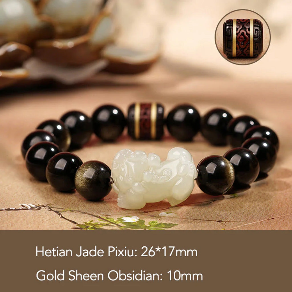 Golden Obsidian & Hetian Jade Pixiu Bracelet – Fortune & Protection | Zen Ara Grove