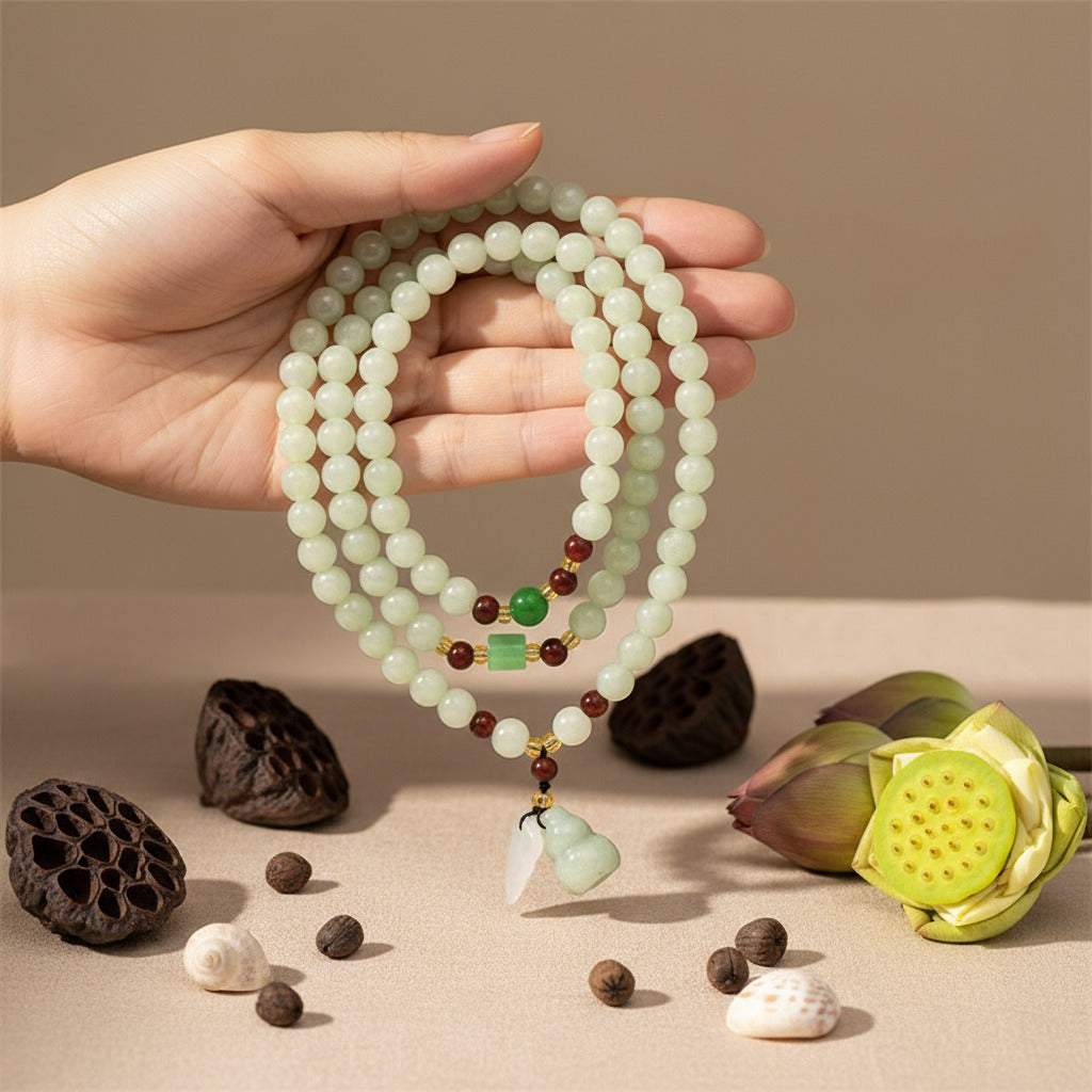 108‑Bead Tri‑Circle Jade Mala Bracelet · Auspicious Gourd Charm | Zen Ara Grove