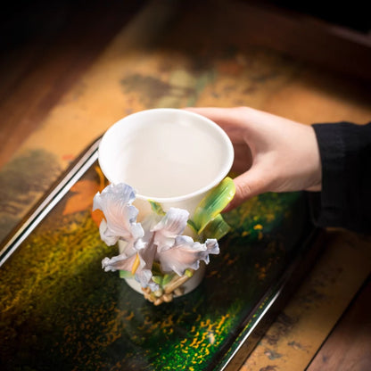 Handcrafted Ceramic Cup with Blue Iris – Blooming from the Cup, One of a Kind | Zen Ara Grove