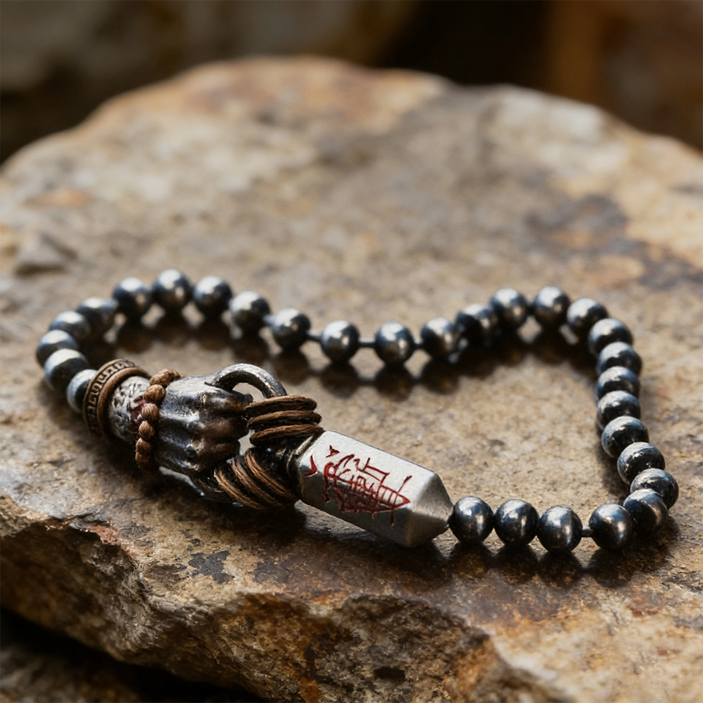 Taoist Ziwei Engraved Dagger Bracelet – Beidou & Nandou Stars, Fire Wrist, 14 Beads | Zen Ara Grove