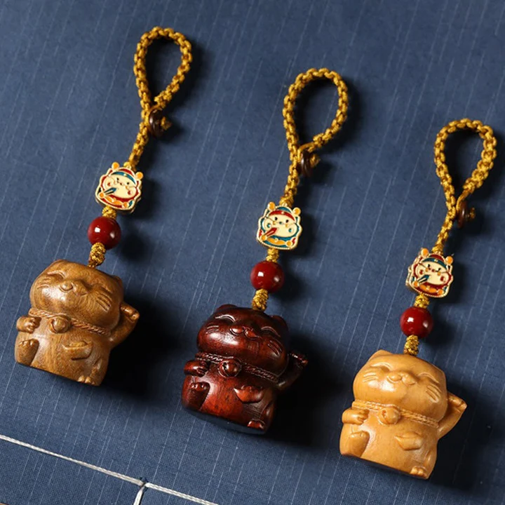 Small Leaf Red Sandalwood Green Sandalwood Sandalwood Lucky Cat Protection Key Chain Phone Hanging | Zen Ara Grove