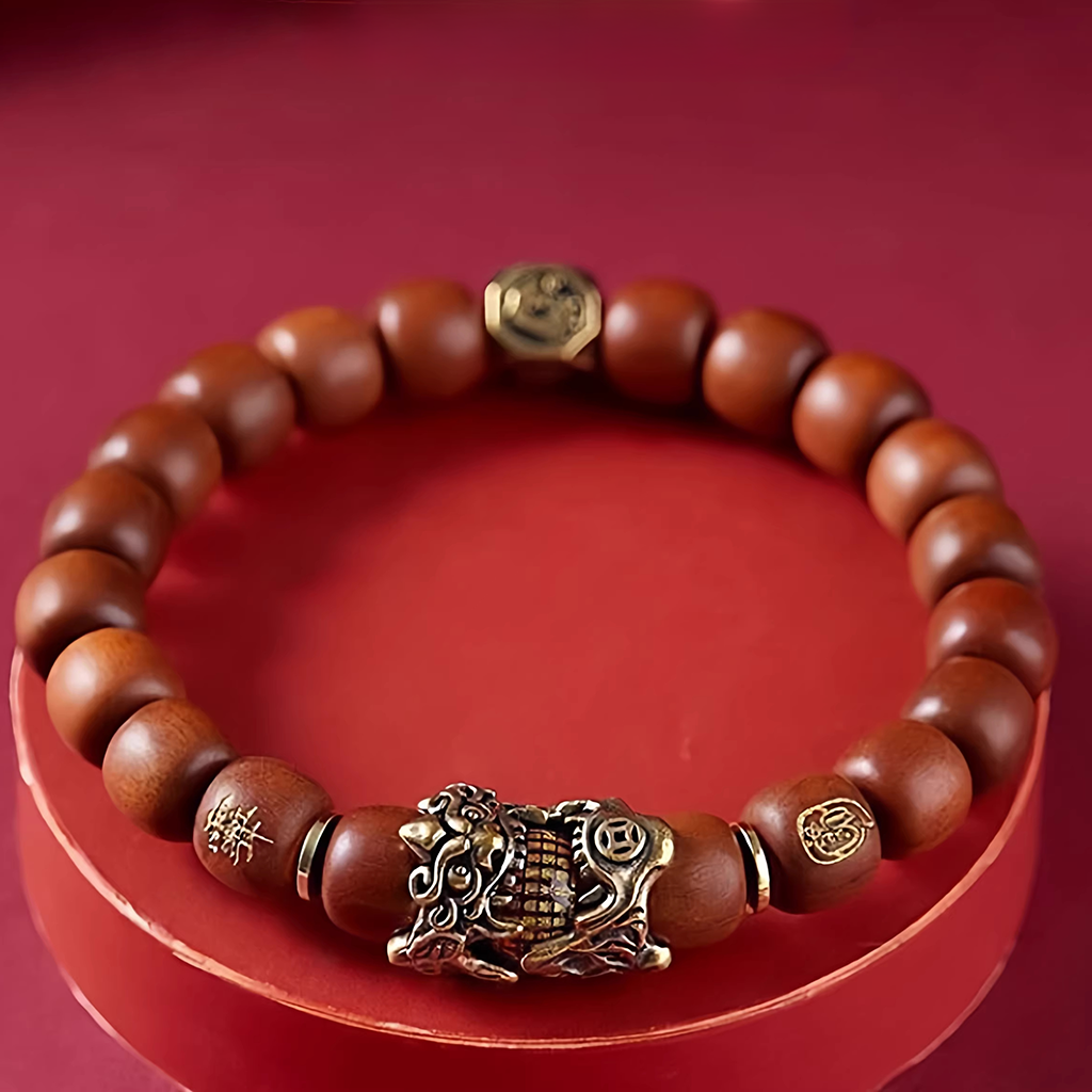Dragon-Tiger Mountain Pixiu Blessing Bracelet – Thunderstruck Jujube Wood Beads | Zen Ara Grove