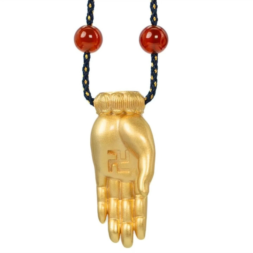 Handcrafted Blue Cord Buddha Palm Necklace – Vow Gesture for Compassion & Fearless Gesture for Courage | Zen Ara Grove