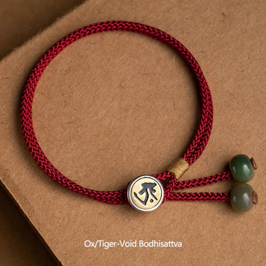 Handmade Red Rope Bracelet with Green Bodhi Bead – Twelve Zodiac Buddha for Protection | Zen Ara Grove