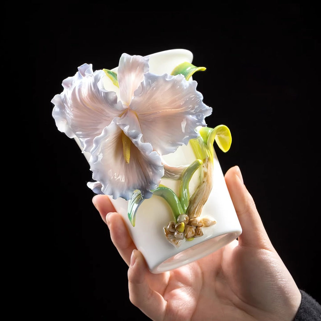 Handcrafted Ceramic Cup with Blue Iris – Blooming from the Cup, One of a Kind | Zen Ara Grove