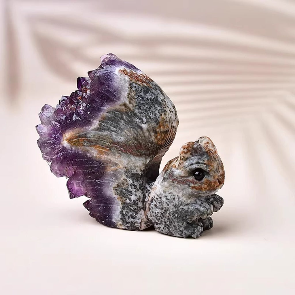 Hand-Carved Squirrel on Natural Amethyst Cluster – Symbol of Energy and Joy | Zen Ara Grove