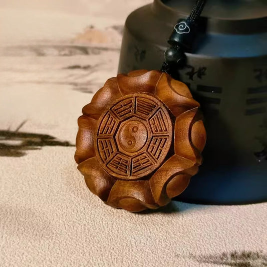 Wearable Daoist Ritual Pendant – Lightning-Struck Wood Carving of Sycee and Taiji-Bagua | Zen Ara Grove