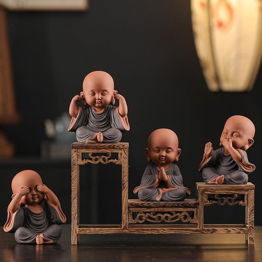 Handcrafted Ceramic "Four-Nos" Monk Statues – Symbol of Inner Calm & Thoughtful Living | Zen Ara Grove