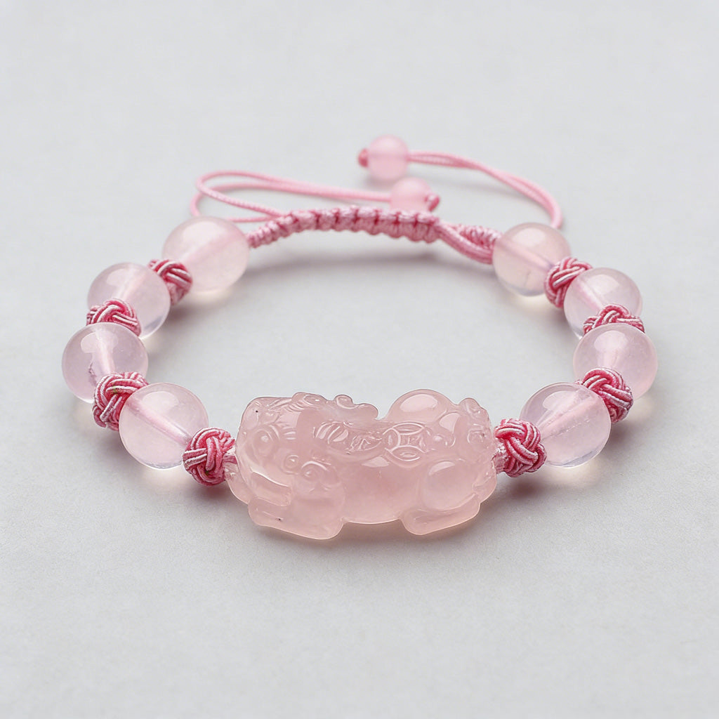Hand‑Carved Rose Quartz Coin Pixiu Adjustable Bracelet — Meaning of Prosperity & Harmony | Zen Ara Grove