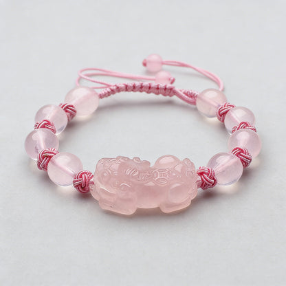 Hand‑Carved Rose Quartz Coin Pixiu Adjustable Bracelet — Meaning of Prosperity & Harmony | Zen Ara Grove