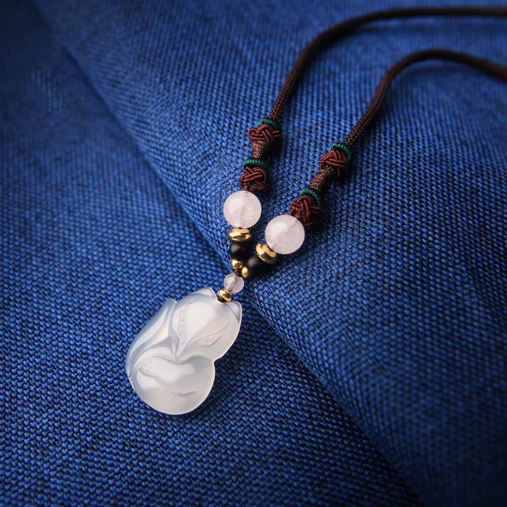 Adjustable Jade Cord Necklace – Carved Fox Pendant with Rose Quartz | Zen Ara Grove