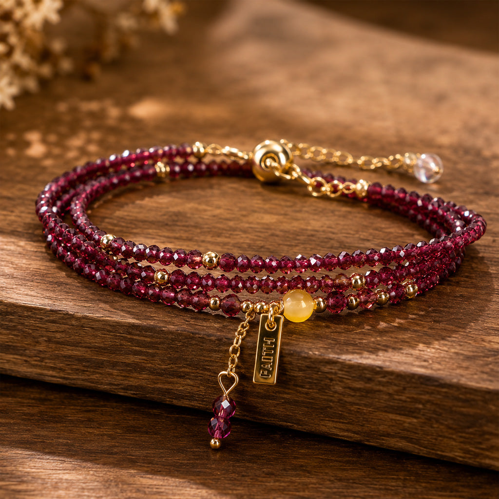 Adjustable Multi-Wrap Garnet Bracelet with Gold-Tone Accents