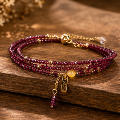 Adjustable Multi-Wrap Garnet Bracelet with Gold-Tone Accents