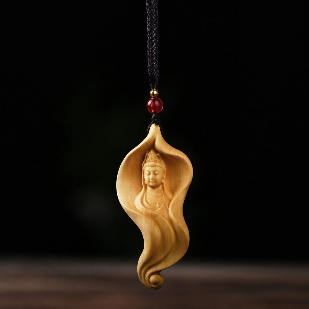 Handcrafted Boxwood Pendant – Lotus Leaf with Carved Bodhisattva Brings Serenity and Harmony | Zen Ara Grove