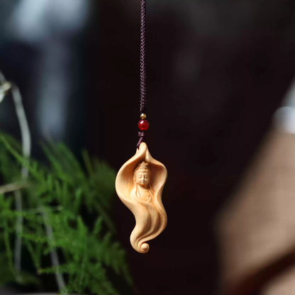 Handcrafted Boxwood Pendant – Lotus Leaf with Carved Bodhisattva Brings Serenity and Harmony | Zen Ara Grove