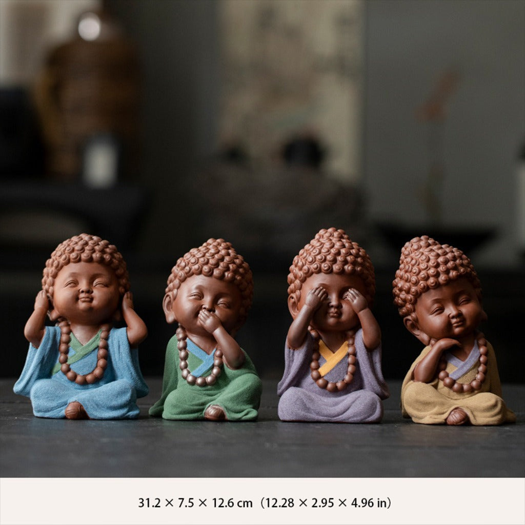 Ceramic "Four No Evils" Buddha Statue Set – Symbols of Mindfulness, Compassion, and Peace | Zen Ara Grove