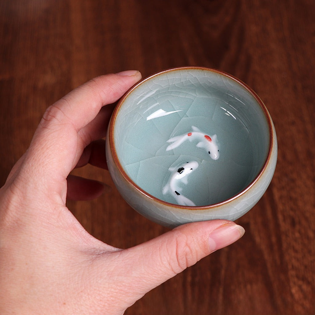 Twin Koi Celadon Crackle Teacup