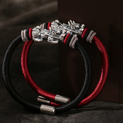 999 Silver Pixiu on Dragon Knot Handwoven Bracelet — Meaning of Courage & Wealth | Zen Ara Grove