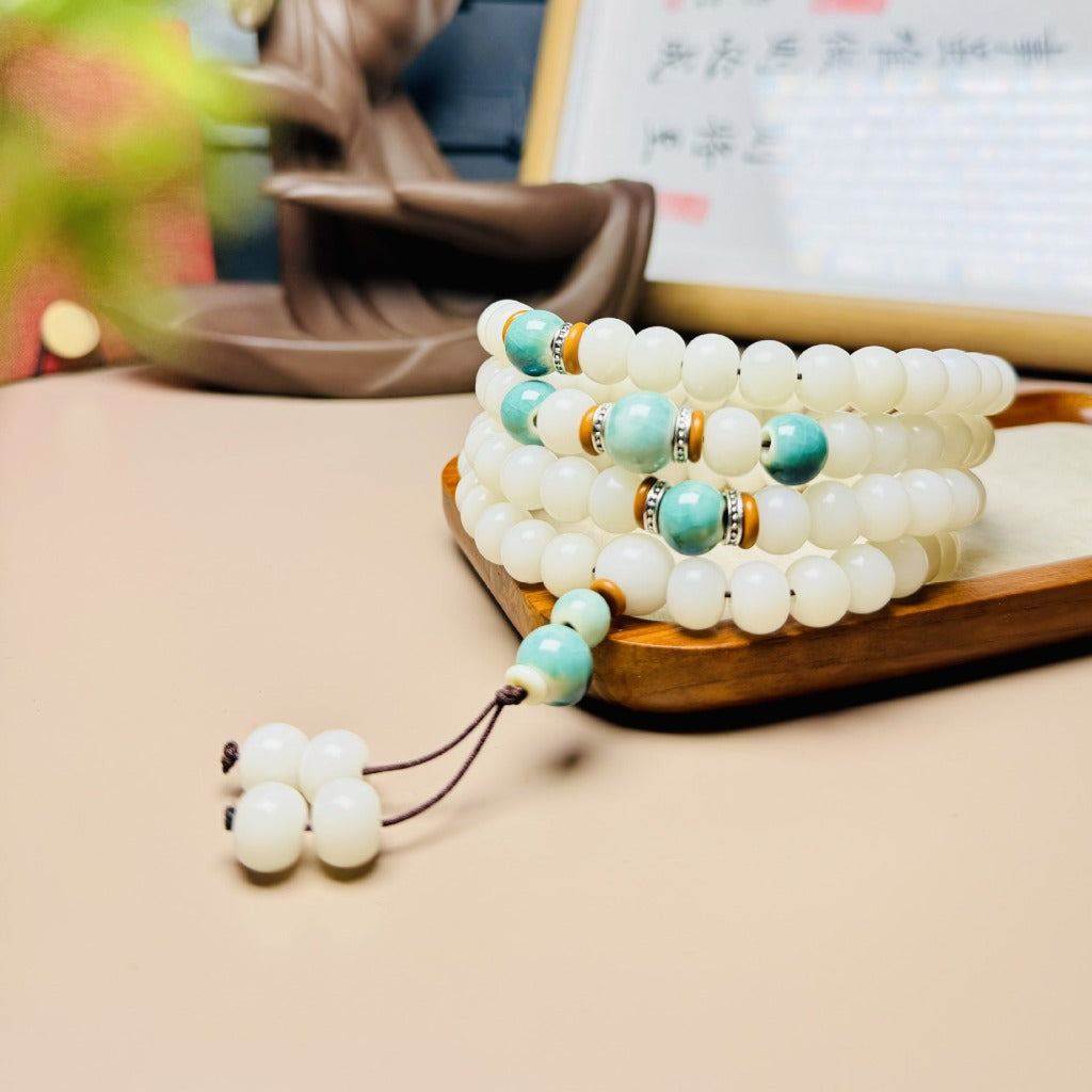 White Jade Bodhi Root 108 Bead Lotus Prayer Bracelet | Zen Ara Grove