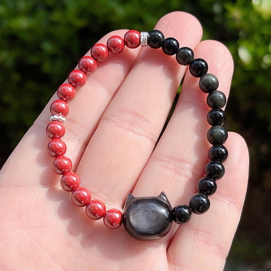 Black Obsidian Cinnabar Silver Sheen Obsidian Cat Fulfilment Bracelet | Zen Ara Grove