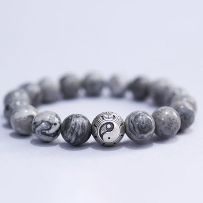White Turquoise & Map Stone Beaded Bracelet – Yin-Yang Metal Accent, 999 Silver Ba Gua Bead | Zen Ara Grove