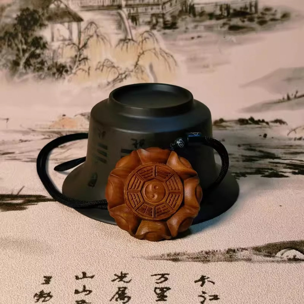 Wearable Daoist Ritual Pendant – Lightning-Struck Wood Carving of Sycee and Taiji-Bagua | Zen Ara Grove