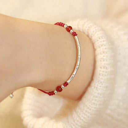 Adjustable S925 Sterling Silver Bamboo Bracelet with Agate