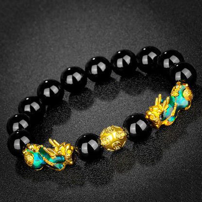 Thermo‑Color Changing Pixiu Obsidian Mantra Bracelet – Symbol of Protection and Fortune | Zen Ara Grove