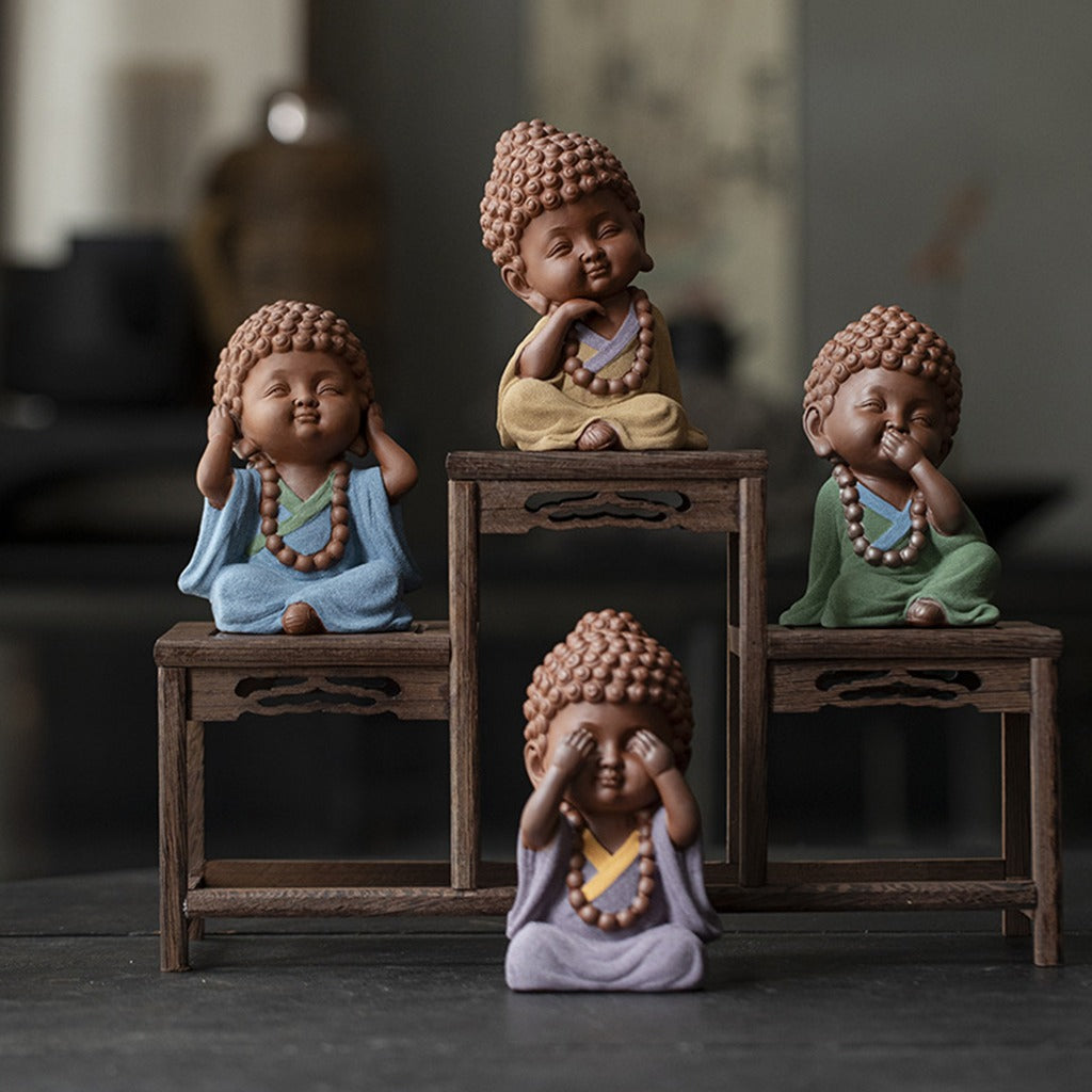 Ceramic "Four No Evils" Buddha Statue Set – Symbols of Mindfulness, Compassion, and Peace | Zen Ara Grove