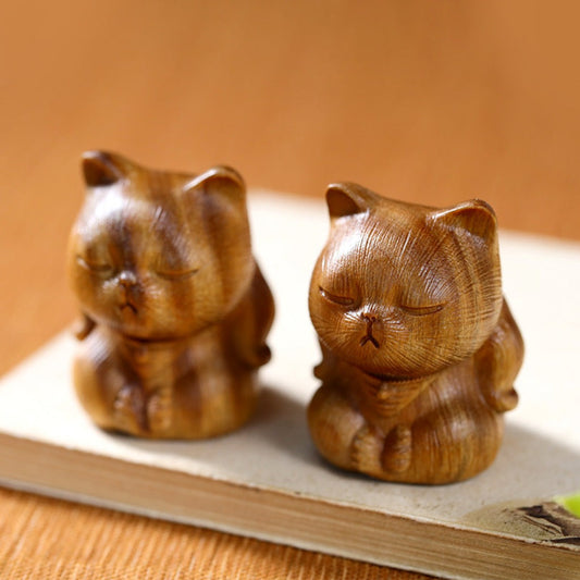 Small Mini Green Sandalwood Lucky Cat Carved Soothing Decorations | Zen Ara Grove