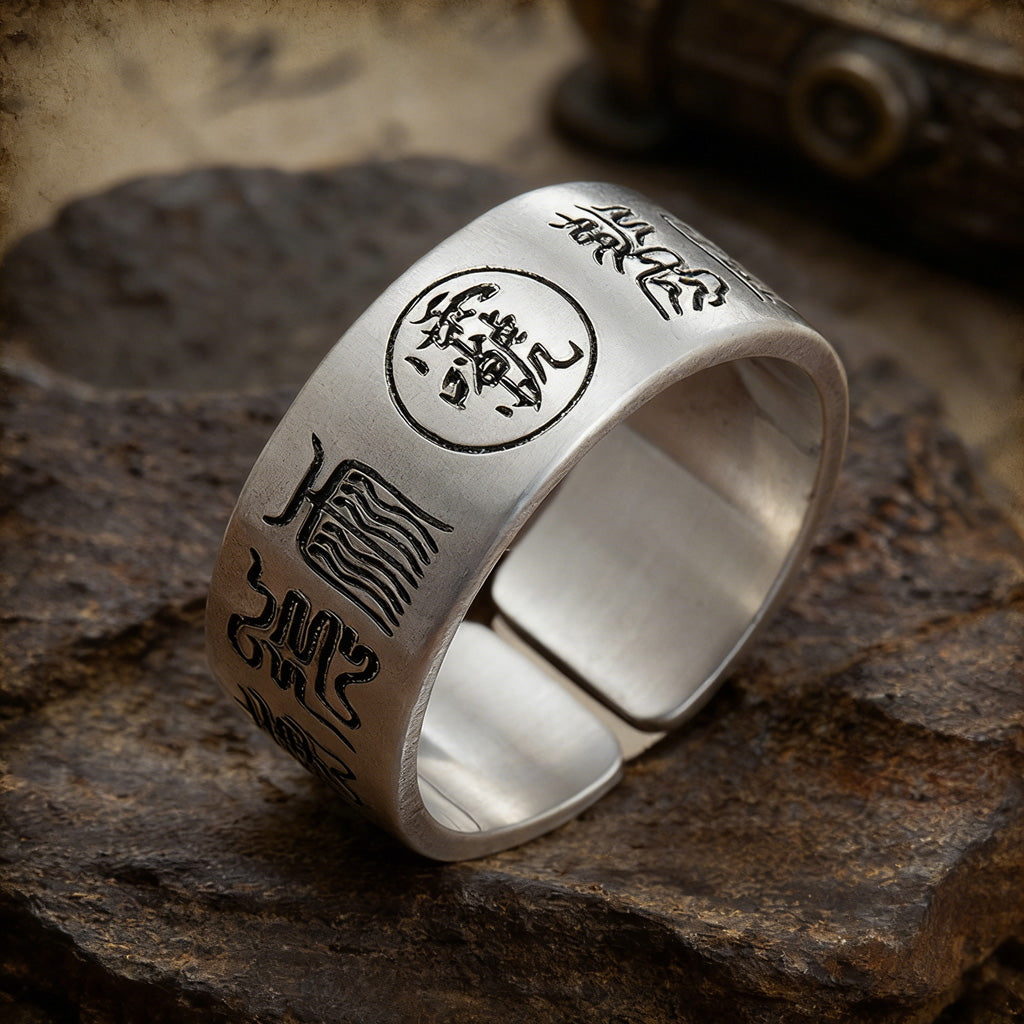 Copper Adjustable Taoist Mantra Ring with Taiji & Bagua Symbols – Protection & Harmony | Zen Ara Grove