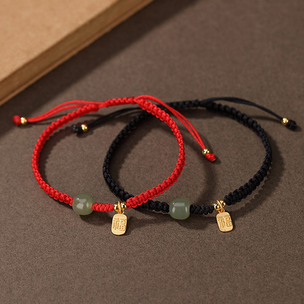 Adjustable Fu Blessing Cord Bracelet with Jade-Look Bead