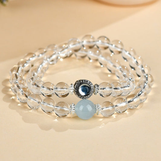 Double Loop Crystal Bracelet – Clear Quartz & Aquamarine for Clarity & Calm | Zen Ara Grove
