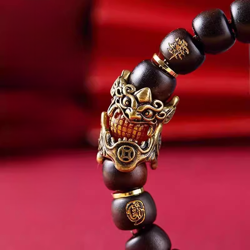 Dragon-Tiger Mountain Pixiu Blessing Bracelet – Thunderstruck Jujube Wood Beads | Zen Ara Grove